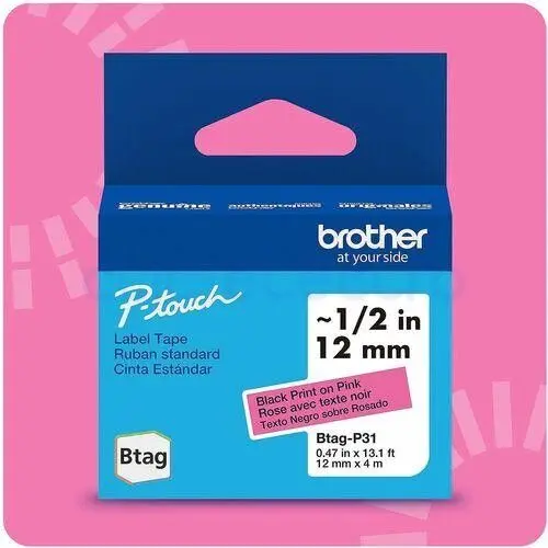 BROTHER BTAG-P31 Ruban 12 mm Noir sur Rose – BROTHER