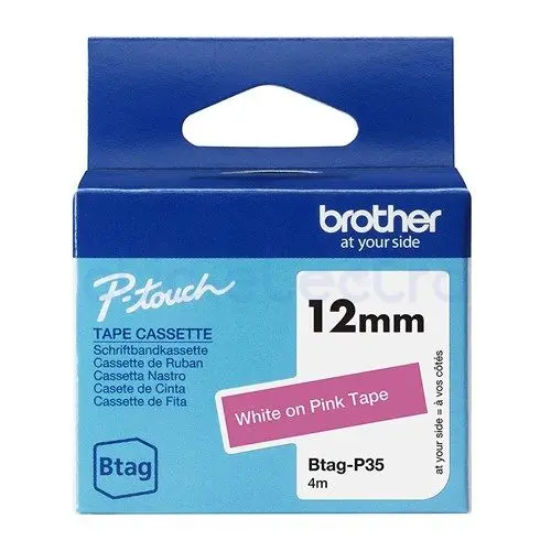 BROTHER BTAG-P35 Ruban adhésif 12 mm blanc sur rose – BROTHER
