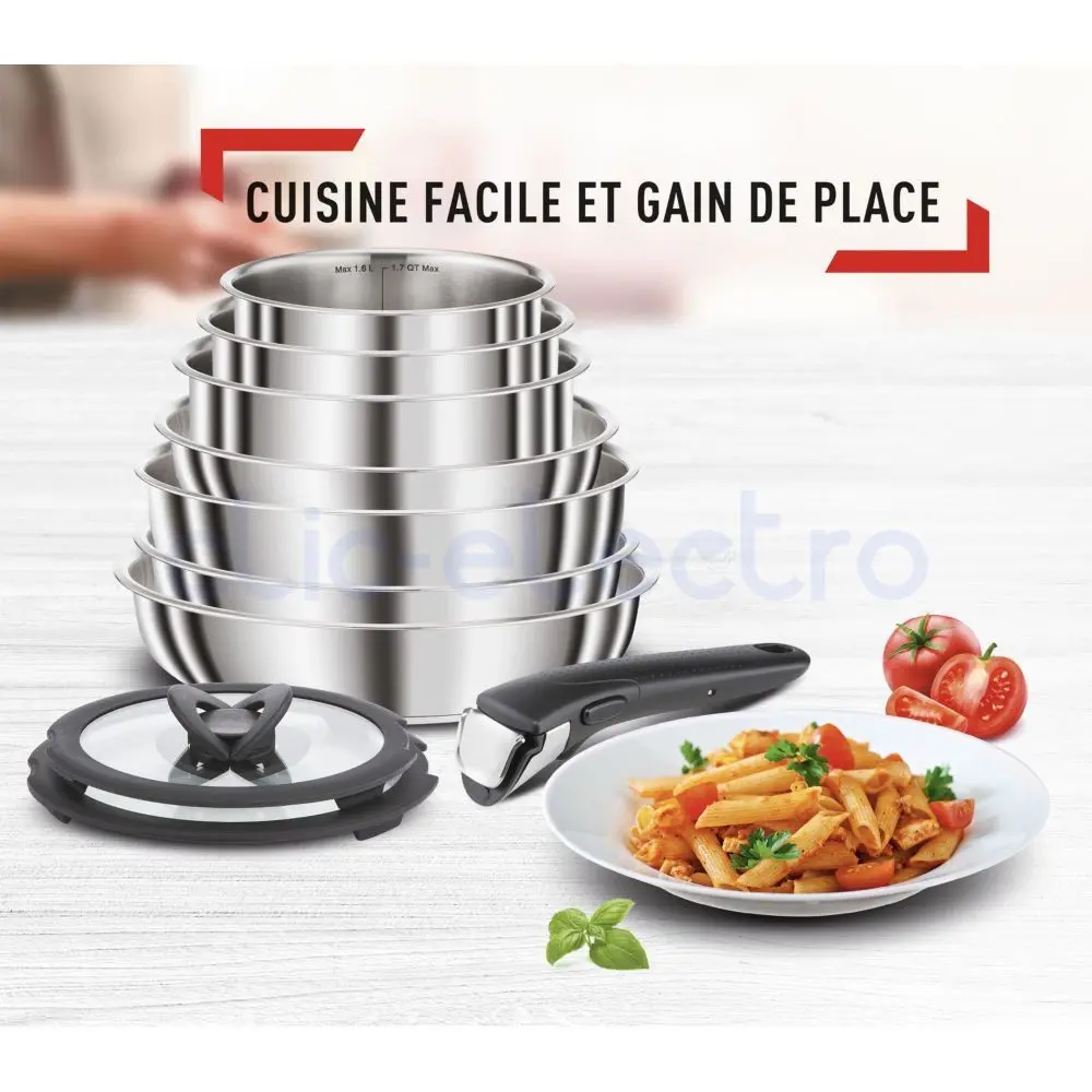 SEB COMPACT Seb Compact Inox Set de cuisine 20 pièces, Induction, Poêles 22/24/26 cm, Casseroles 16/18/20 cm, Sauteuse 24 cm, Couvercles verre + conservation, Spatules, Poignées L953SK04 – SEB
